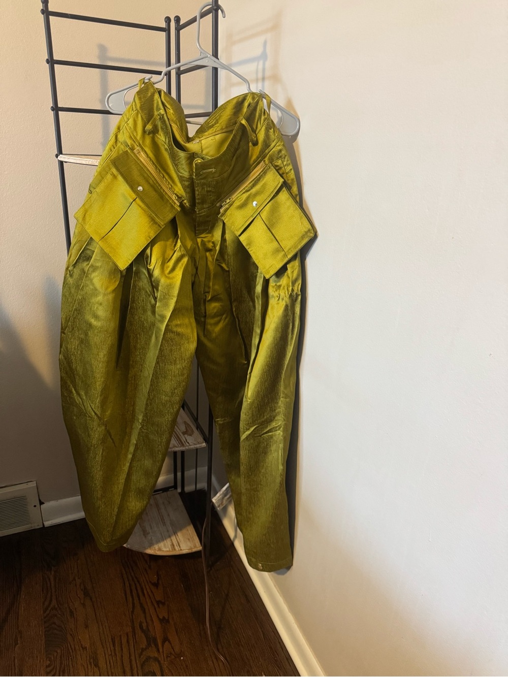 Wide Leg High-Waist Olive Green Cargo Satin Trousers